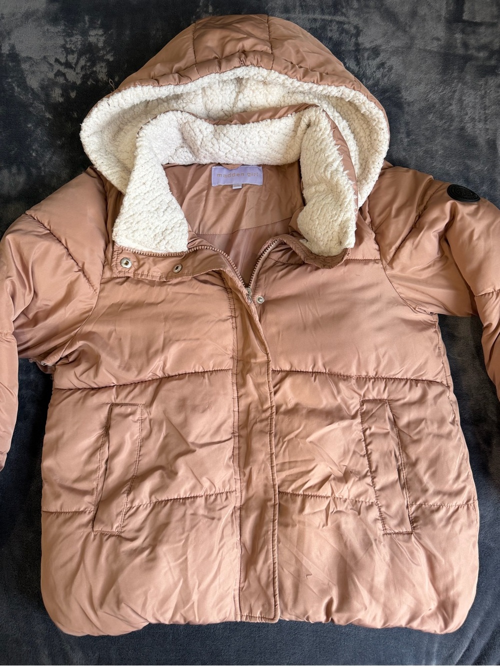 Madden Girl Women’s Medium Pink Puffer Jacket Sherpa Lined Hooded Coat.